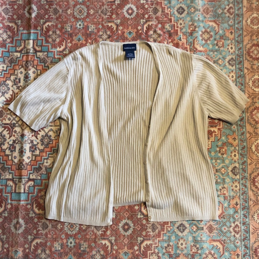 Addition Elle Cream Ribbed Button-Front Short Sleeve Top - Picture 2 of 4